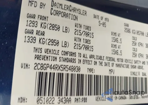 2005 Chrysler Town & Country Lx из США, поврежденный, VIN 2C8GP44RX5R54030